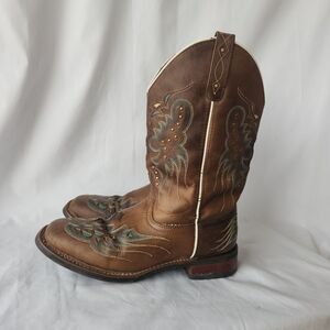 Vintage Western Cowgirl Boots Brown Embroidered Studded Leather Teal Accent 8